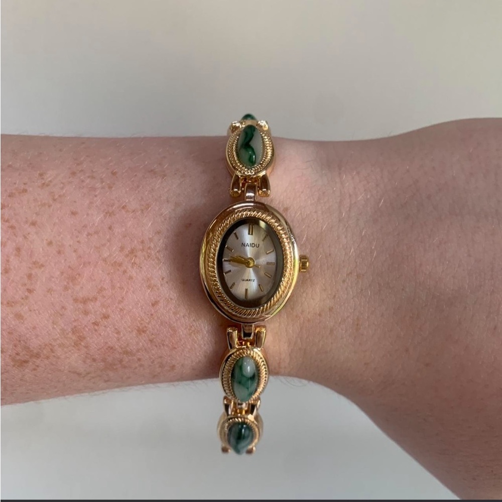 Gold and Green Stone Women's Bracelet Watch
